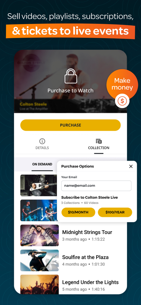 Switcher: Live Streaming App - ビデオ、プレイリスト、ライブイベントのチケット販売方法を表示するモバイルアプリインターフェース。購入およびサブスクリプションオプション付き。
