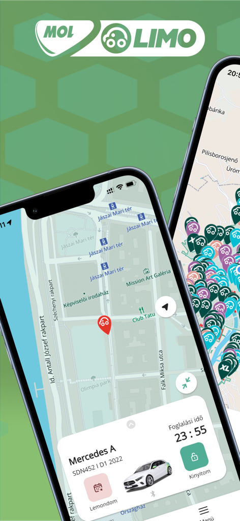 MOL Limo mobile app interface showing car rental map and vehicle booking details