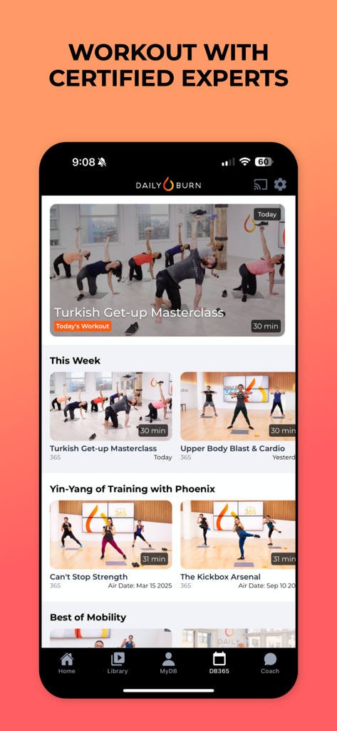 Daily Burn: At Home Workouts - Interface de l'application Daily Burn présentant des vidéos d'entraînement à domicile dirigées par des experts certifiés, y compris des cours de renforcement musculaire et de cardio