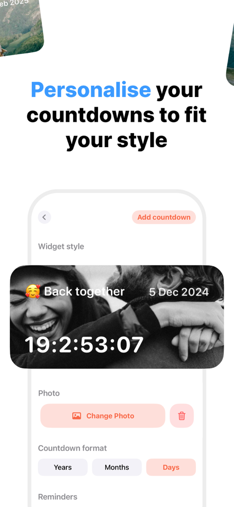 Countdown Widget - Track days - A user interface showing personalization options for a countdown widget with a custom photo and time format settings