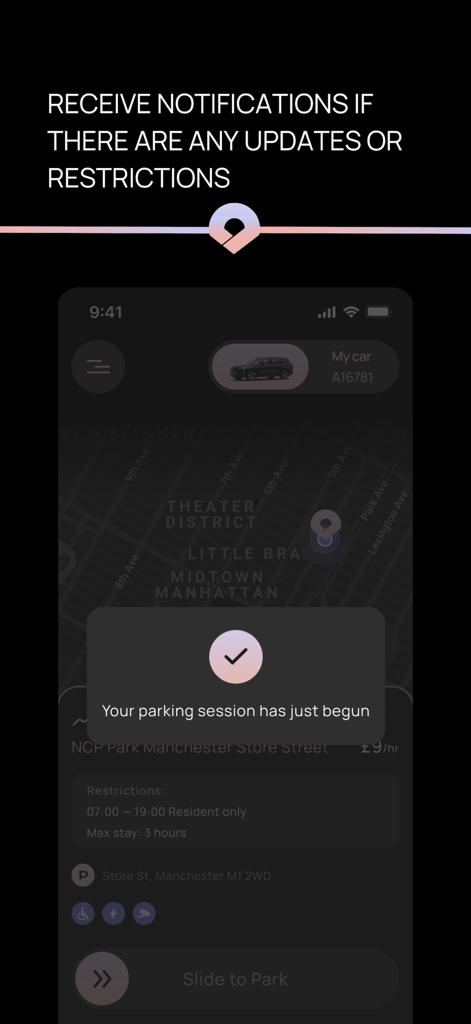 Parc - A mobile screen showing the Parc app with a notification that a parking session has just begun and details on local parking restrictions.