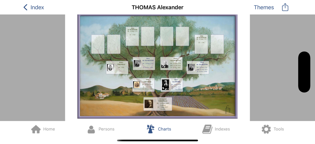 An illustrated family tree chart for Alexander Thomas shown in the Heredis 2026 app.