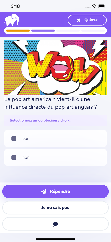 Wooflash - Interfaz móvil de la aplicación educativa Wooflash que muestra una pregunta de cuestionario de opción múltiple sobre Pop Art con una ilustración estilo cómic.