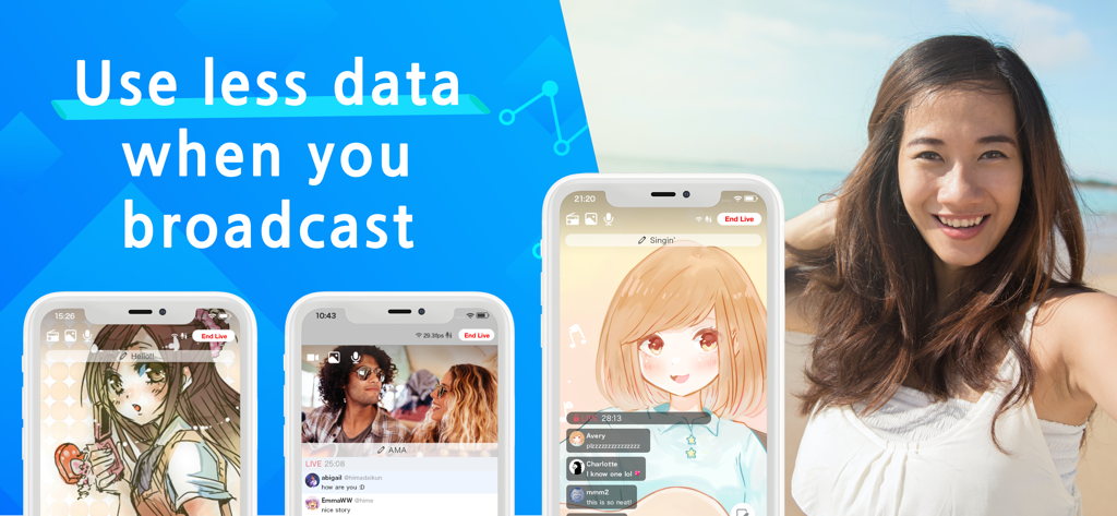 TwitCasting Live promotional banner showing a woman smiling next to mobile screens of live broadcasts with the text Use less data when you broadcast.