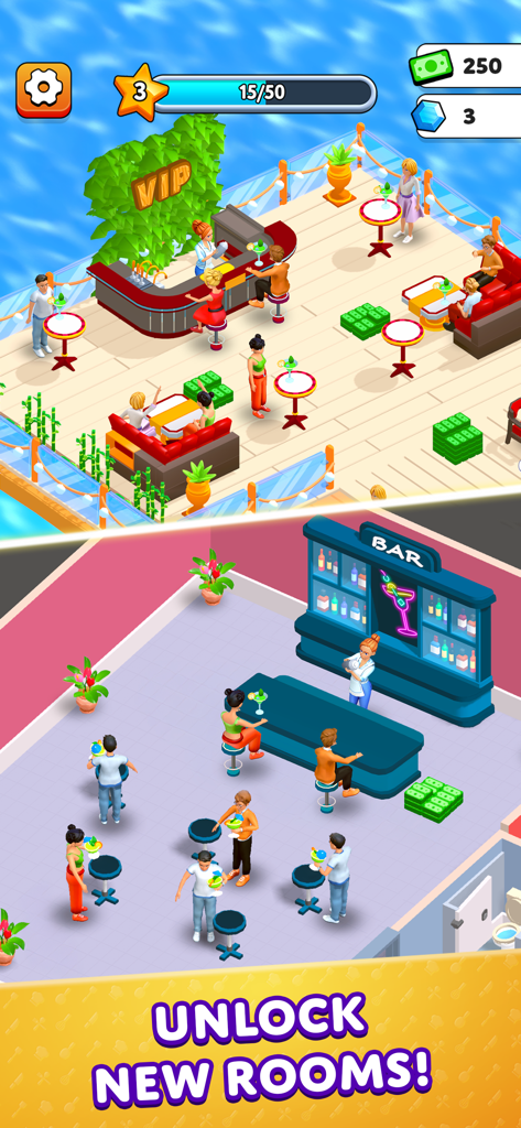 Isometric view of Suzy's Food Restaurant game showing the expansion of a VIP lounge and bar area.
