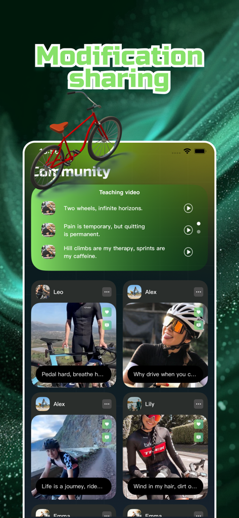 Bleo - Discover, Chat & Enjoy - A mobile app screen for the Bleo community showing bicycle modification sharing and teaching videos.