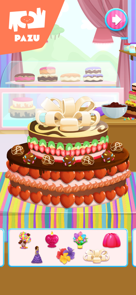 Cake maker Cooking games - A colorful three-tiered chocolate cake being decorated with fruit and a white bow in the Cake Maker app