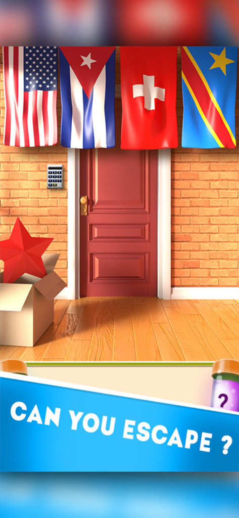 100 Doors Puzzle Box - Un niveau de puzzle logique dans 100 Doors Puzzle Box avec des drapeaux suspendus au-dessus d'une porte d'évasion rouge équipée d'un pavé numérique.