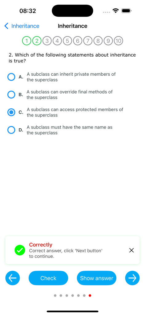 Learn Java Programming Pro - A Java programming quiz question about inheritance with the correct answer selected.