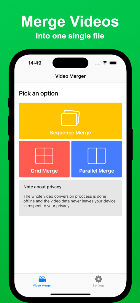 Pantalla principal de la app Unión de Vídeos con botones de cuadrícula de secuencia y unión paralela y un aviso de privacidad offline
