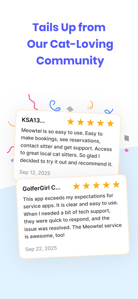 Meowtel: In-Home Cat Sitting - Positive five star user reviews and testimonials for the Meowtel cat sitting app