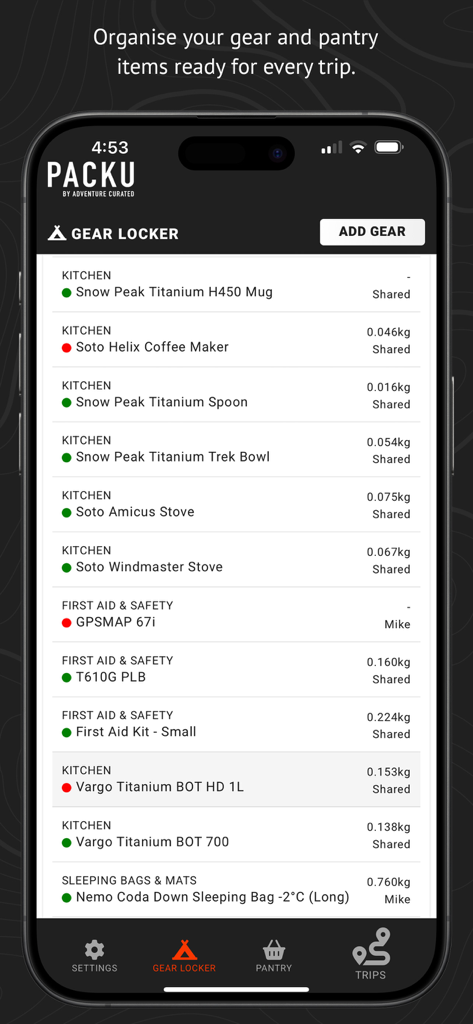 Gear locker screen of the PACKU app showing a list of outdoor equipment and item weights