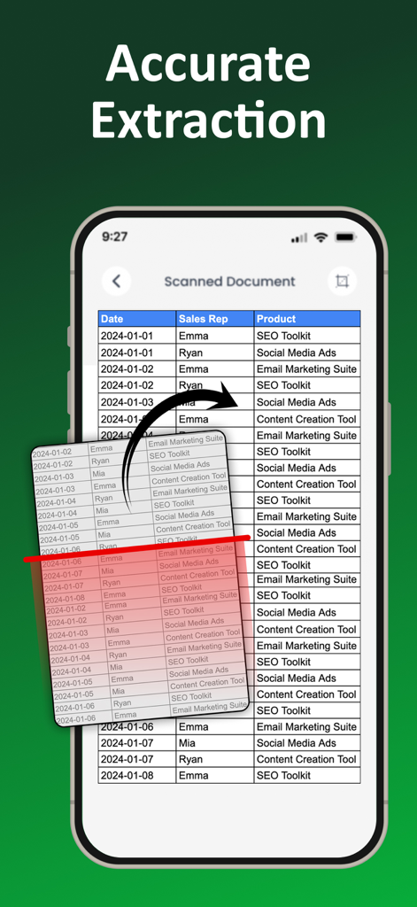 Image to Excel Converter－XLSX - Interfaz de aplicación de smartphone que muestra la extracción precisa de datos de un documento escaneado en una tabla digital de hoja de cálculo de Excel