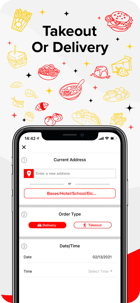 Gofadis food delivery app screen showing options to select takeout or delivery with address and time scheduling.