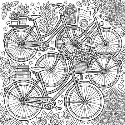 Explore a charming scene filled with multiple vintage bicycles, perfect for creative teens. This intricate coloring page features detailed bikes, floral baskets, and a rich background of patterns ready for your artistic touch.