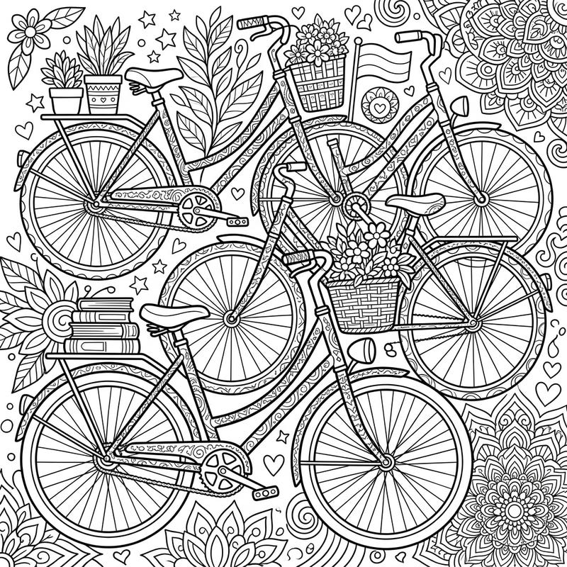 Explore a charming scene filled with multiple vintage bicycles, perfect for creative teens. This intricate coloring page features detailed bikes, floral baskets, and a rich background of patterns ready for your artistic touch.