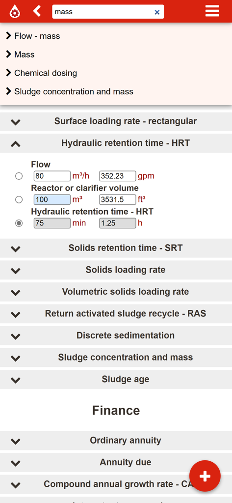 Interface de l'application mobile Plutocalc Plus Water affichant un calcul de temps de rétention hydraulique pour le traitement de l'eau
