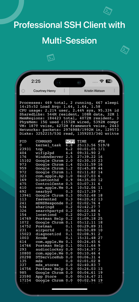 SSH, SFTP Client, iSH, Putty - Professional SSH client terminal interface on iPhone featuring multi-session support and process monitoring