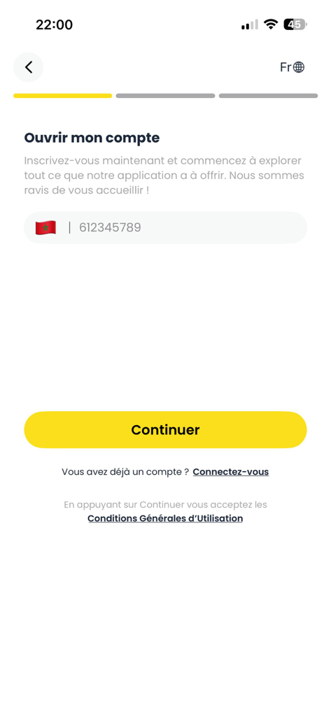 Pantalla de registro para la aplicación myWafacash con un campo de entrada de número de teléfono y un icono de bandera marroquí