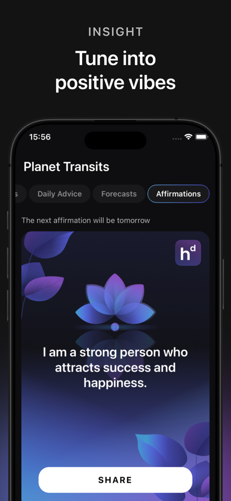 Daily positive affirmation screen in the Human Design HD Birth Chart app