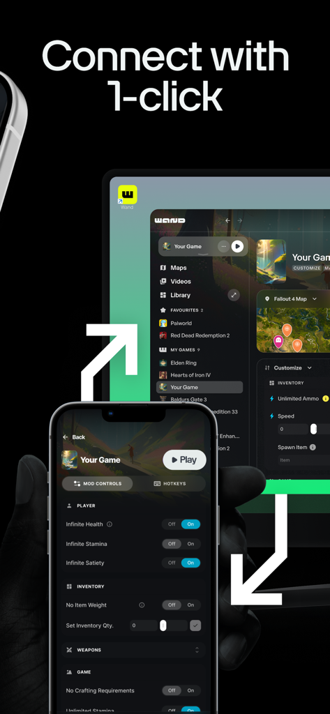 Wand Pro Remote (WeMod) - Smartphone app interface showing a one click connection to the Wand Pro Remote PC gaming dashboard