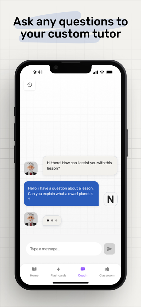 학생이 AI 코치에게 왜소 행성이 무엇인지 설명해달라고 요청하는 채팅 인터페이스를 보여주는 Student AI 앱의 스크린샷.