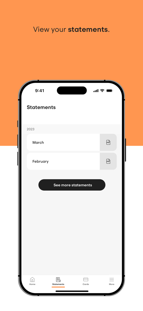 Avant Money - Avant Money mobile app interface showing the statements screen with options to view and download monthly PDF reports.