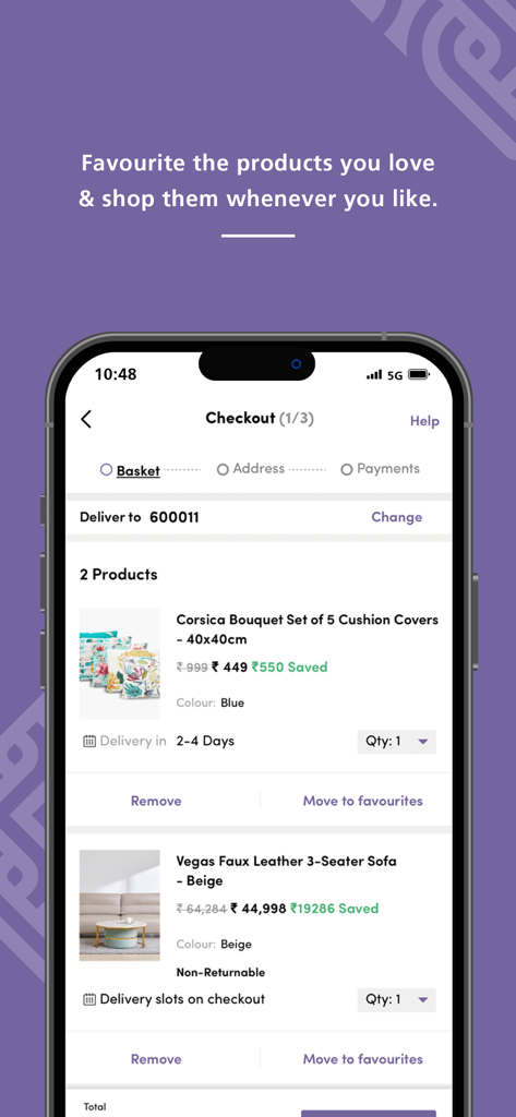 Home Centre India app checkout screen showing furniture and decor in the shopping basket