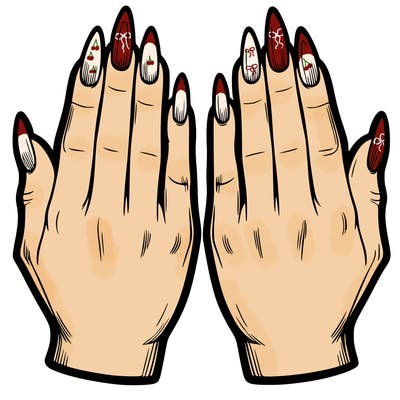 two hands with semi long almond snapped nails