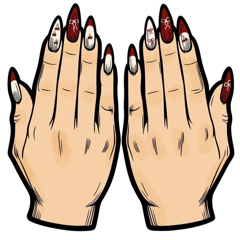 two hands with semi long almond snapped nails