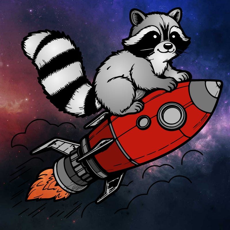 realistic raccoon flying on top rocket ship