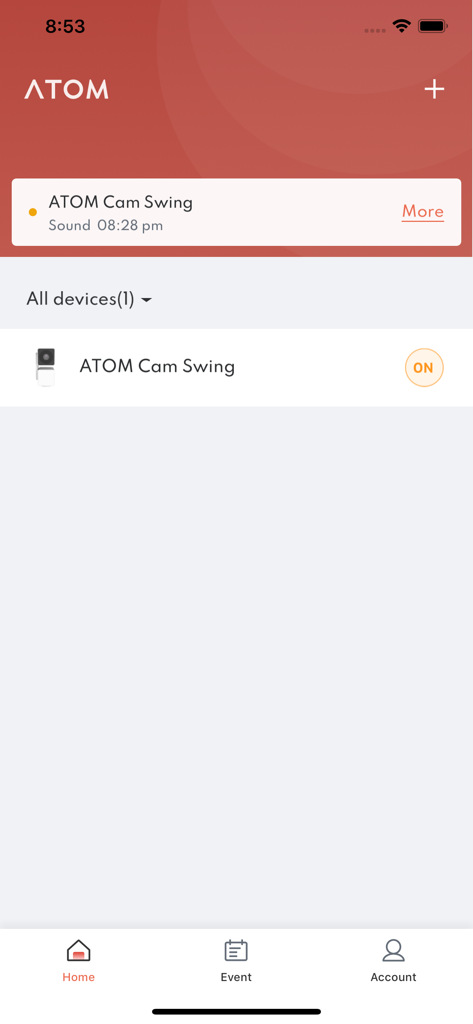 ATOM - スマートライフ - ATOM Smart Lifeアプリのホーム画面。接続されたATOM Cam Swingデバイスのステータスが表示されています。