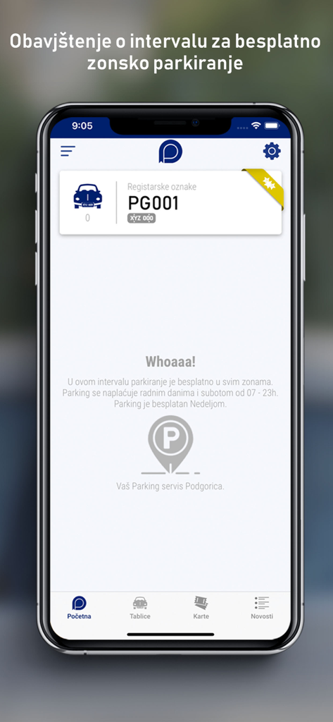 Interface of the Parking Servis Podgorica app notifying the user that parking is currently free in all zones