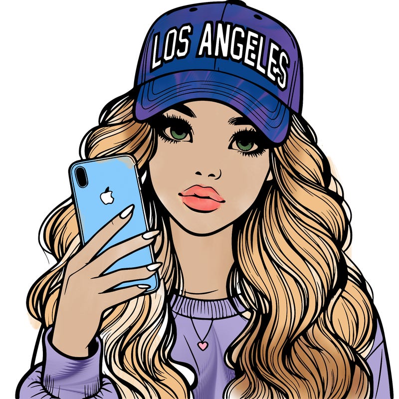 realistic beautiful girl wearing los ángeles cap holding an iphone