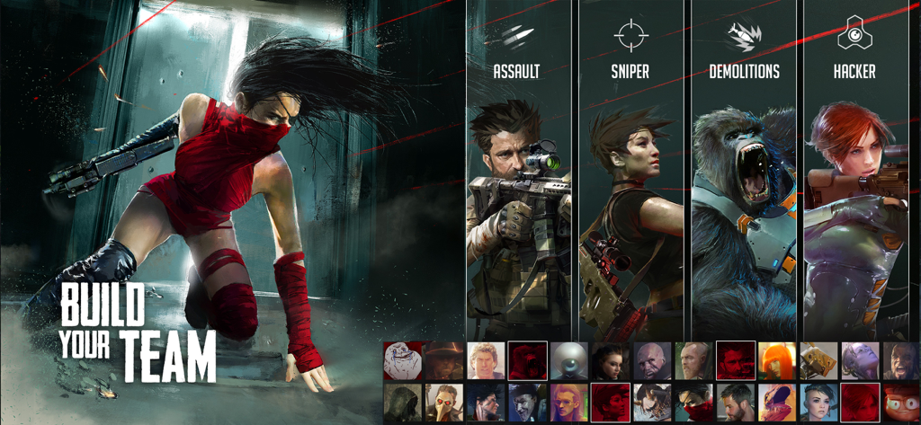 Cover Fire: Gun Shooting games - Pantalla de selección de personajes de Cover Fire con diferentes clases como Asalto, Francotirador, Demolición y Hacker