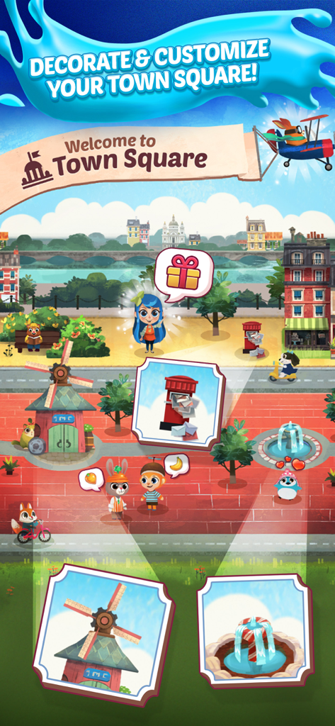 Juice Jam! Match 3 Puzzle Game - Cartoon characters in a customizable town square in Juice Jam game.