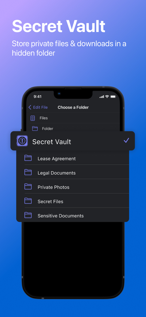 Interfaccia che mostra la funzione Cassaforte segreta in Private Browser Deluxe per archiviare file e documenti privati in cartelle nascoste.