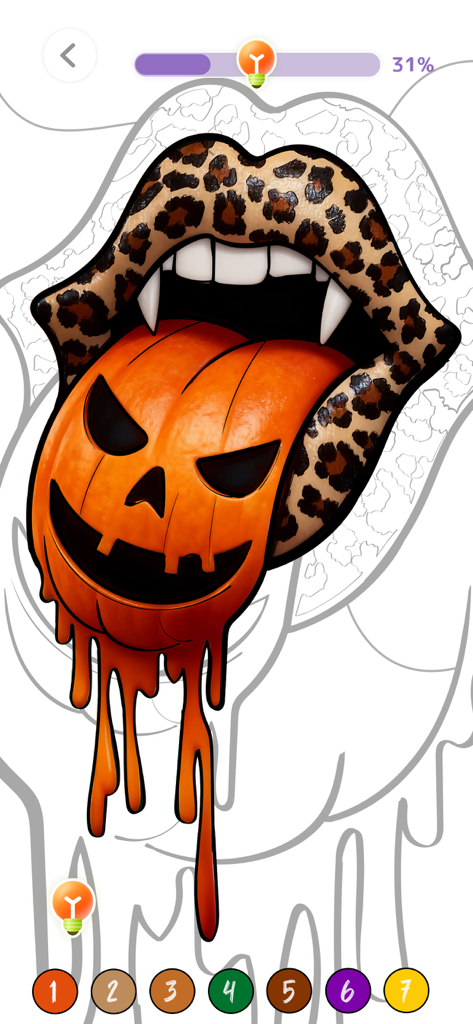 Meme Color: Paint by Number - A coloring page in the Meme Color app featuring leopard print lips with vampire fangs and a dripping pumpkin tongue.