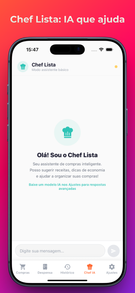 Lista de Compras e Despensa - Interfaz del asistente de IA Chef Lista dentro de la aplicación Super Lista para la planificación de comidas y compras inteligentes.