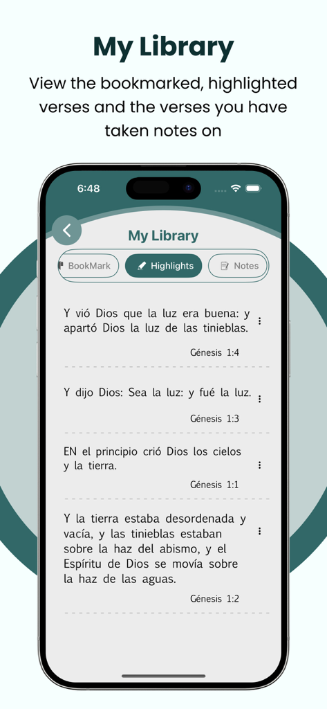 La Biblia del Oso 1569 + Audio - My Library screen showing highlighted Bible verses in the La Biblia del Oso app.