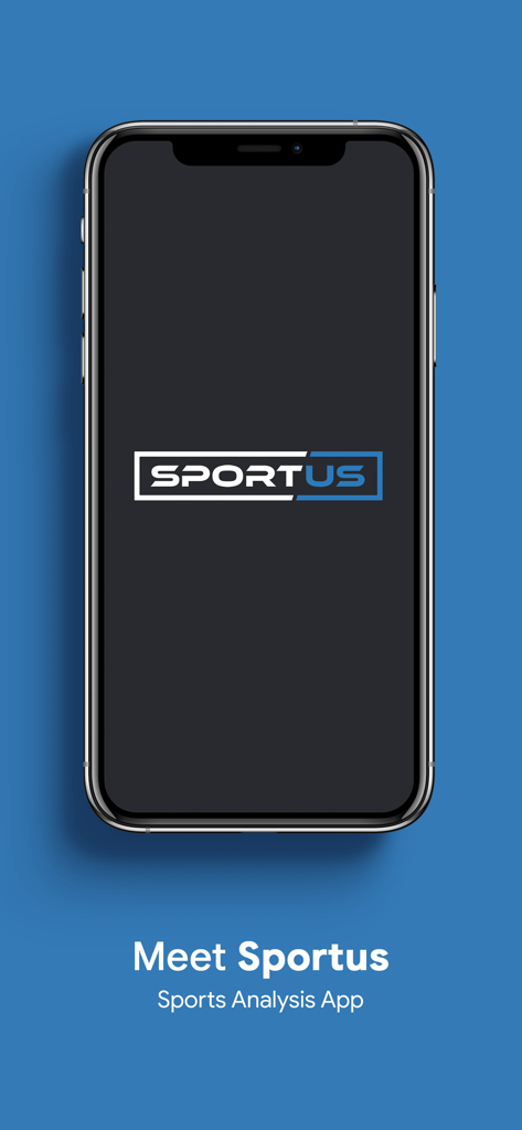 Sportus - Introduction screen of the Sportus sports analysis app showing the logo on a smartphone over a blue background