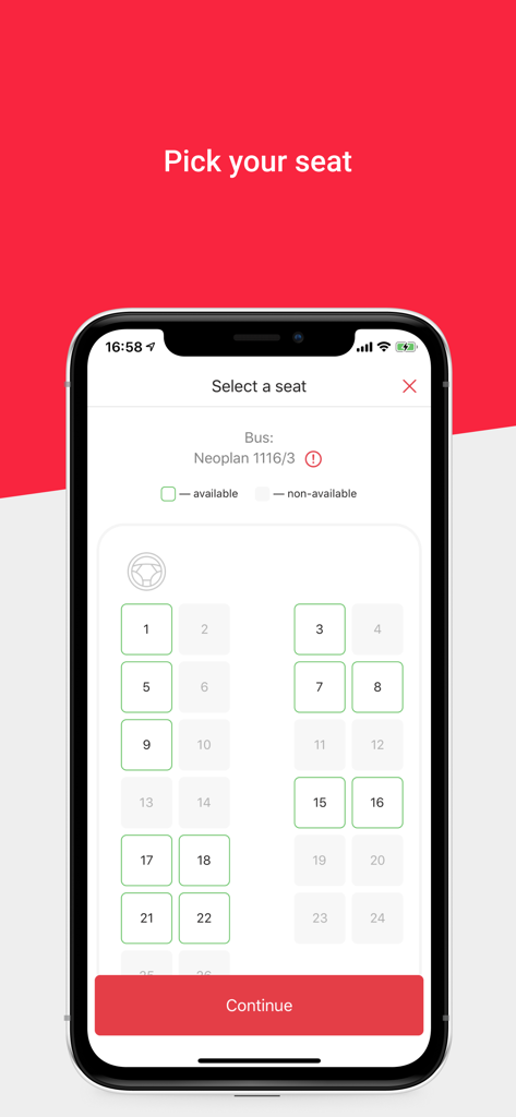 BUSFOR – bus tickets - Seat selection interface on the BUSFOR bus ticket booking app.