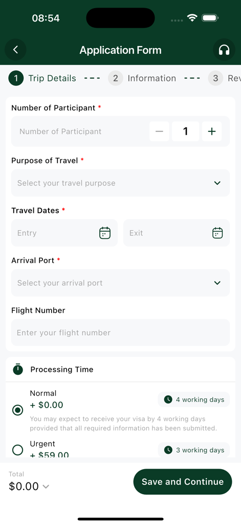 India Immi - 旅行の詳細を入力し、ビザ処理速度を選択するためのIndia Immiアプリのインターフェース