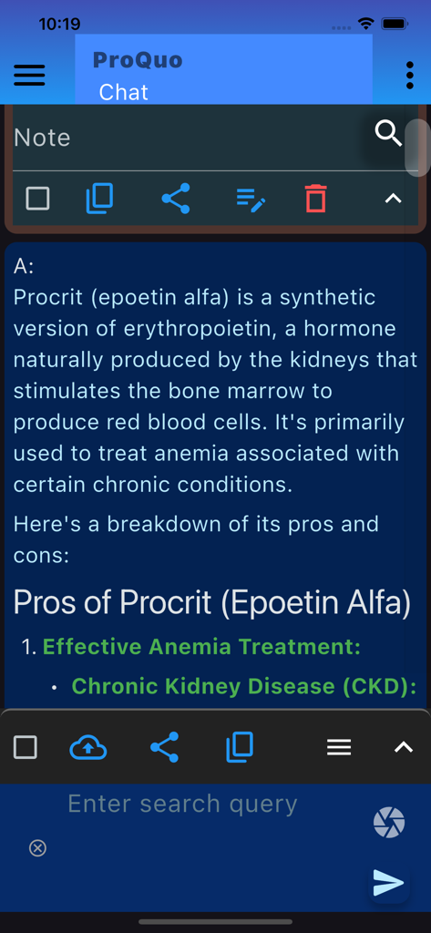 treillint.proquo3 - Interface de chat do aplicativo Proquo exibindo informações médicas detalhadas sobre o medicamento Procrit
