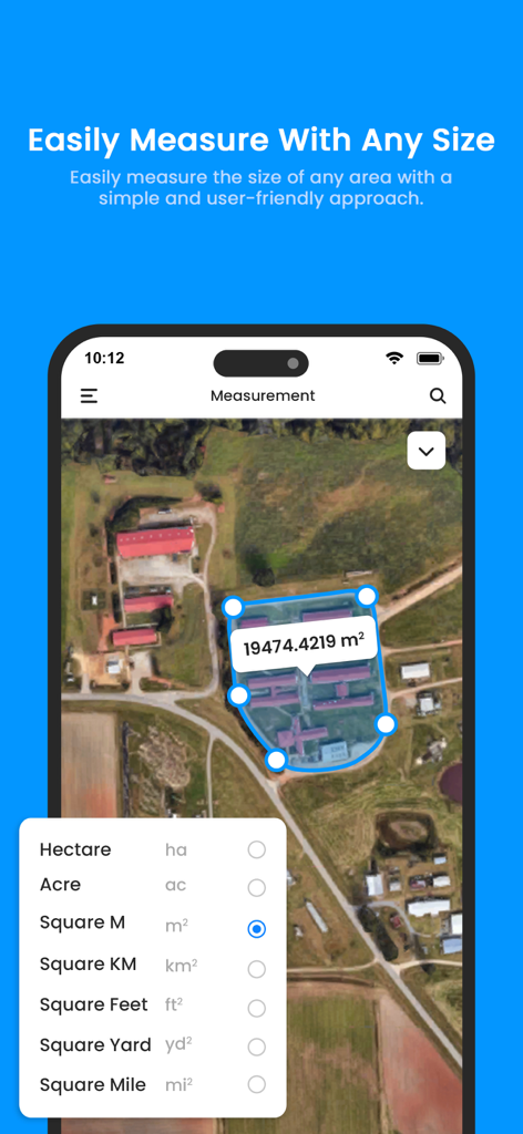 Gps Area Calculator: Land Calc - Uma interface de mapa de satélite no aplicativo GPS Area Calculator mostrando uma área medida e um menu de seleção de unidades incluindo Acre e Hectare.