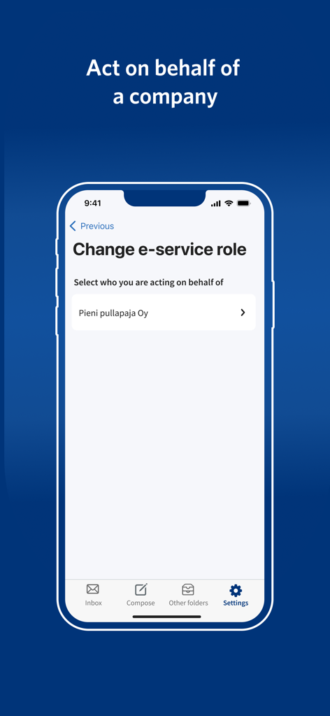 Screenshot of the Suomi.fi app showing the interface to act on behalf of a company.
