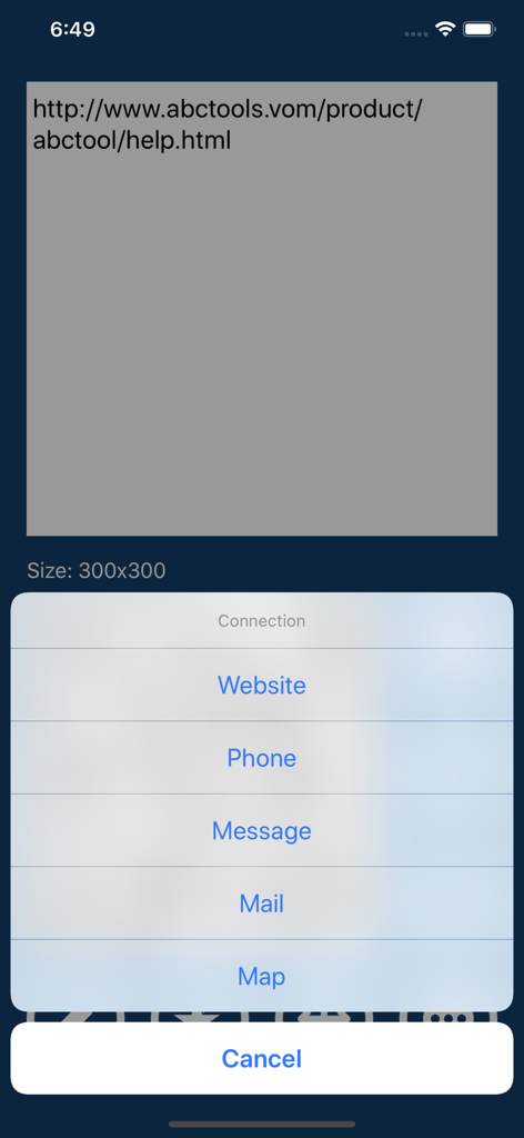 QROX+: QR code Generator - Connection options menu in QROX app for QR codes including website phone and maps