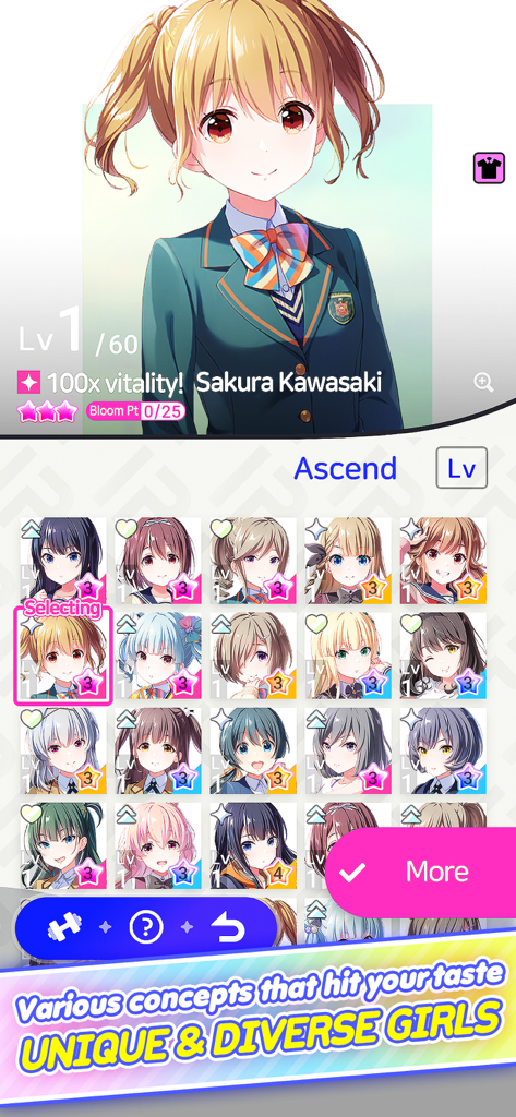 Un menu in Idoly Pride che mostra un elenco di personaggi idol anime unici e diversi