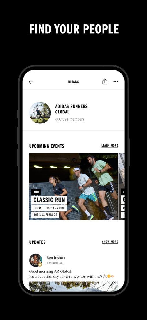 전 세계 회원과 예정된 달리기 이벤트를 보여주는 커뮤니티 그룹 페이지인 아디다스 러닝 앱