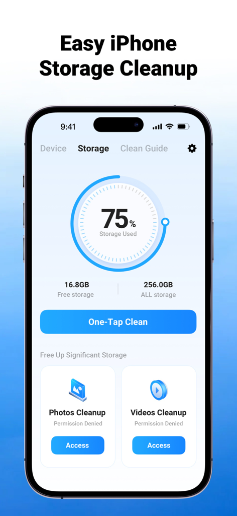 Interface of the Phone Security app showing storage usage statistics and a one-tap cleanup button.